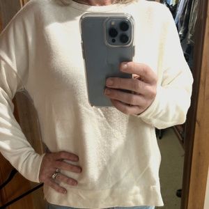 360Cashmere White Sweater with Grey Side Stripe. Star on back. Large